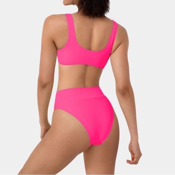 Halara Solid U Neck Top (S) & Crossover Bikini Bottom (M) Swimsuit Neon Pink nwt - Picture 2 of 7